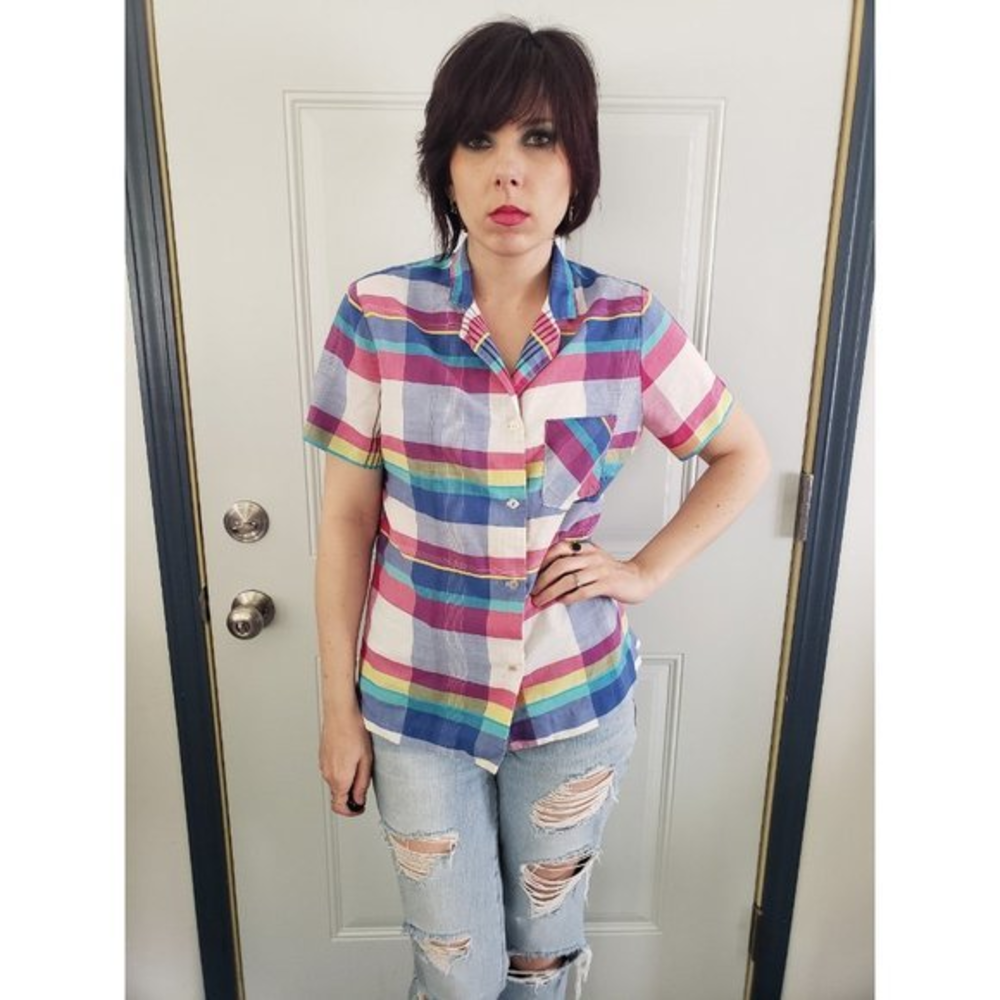 80s Plaid Ladies Button Down Blouse